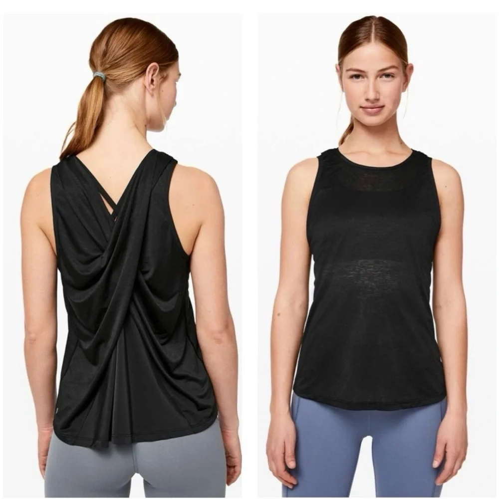 LULULEMON Soul Stride Black Tank Top Size 8 Draped Open Back Workout Yoga